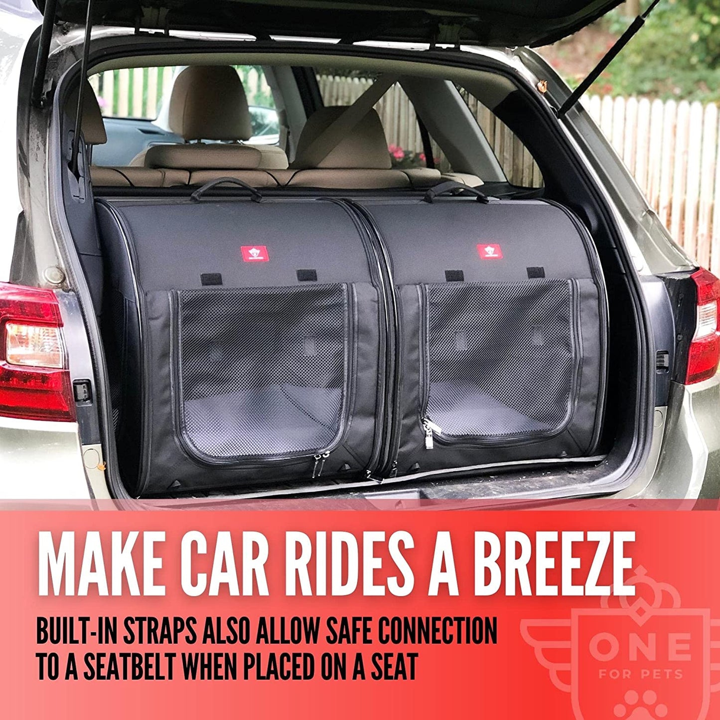 Portable 2-In-1 Double Pet Kennel/Shelter, Fabric, Black 20"X20"X39" - Car Seat-Belt Fixture Included