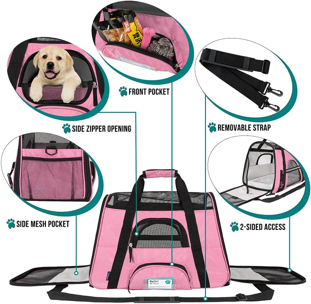 Premium Airline Approved Soft-Sided Pet Travel Carrier | Ideal for Small - Medium Sized Cats, Dogs, and Pets | Ventilated, Comfortable Design with Safety Features (Small, Pink)