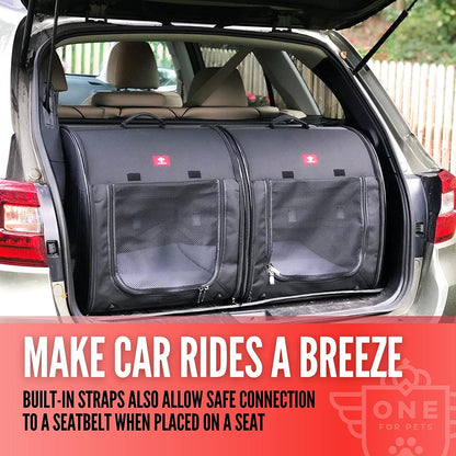 Portable 2-In-1 Double Pet Kennel/Shelter, Fabric, Black 20"X20"X39" - Car Seat-Belt Fixture Included