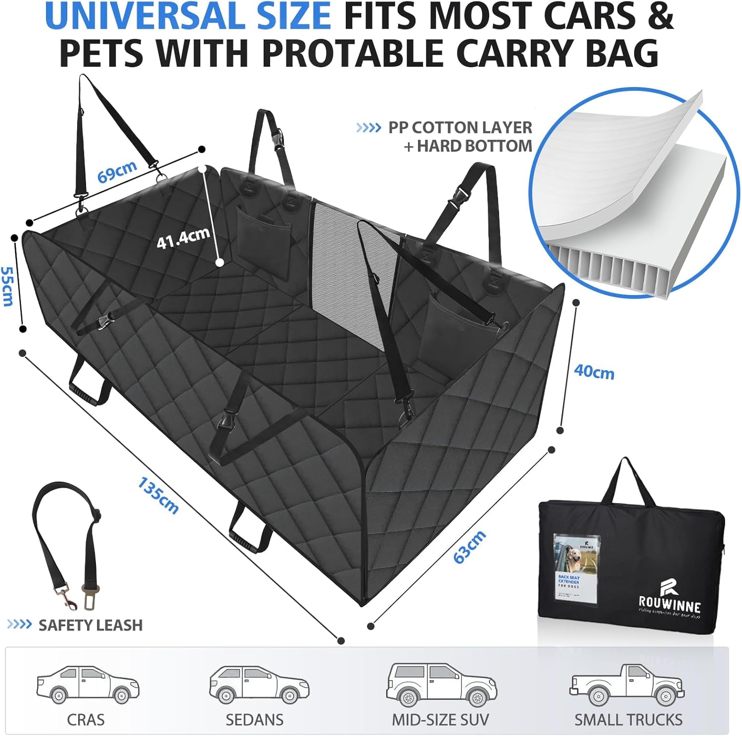Back Seat Extender for Dogs-Large Space, Dog Car Seat Cover Hard Bottom Holds 400Lbs, Sturdy Backseat Extender for Dogs, Waterproof Dog Hammock for Car Dog Car Bed for Car, SUV, Truck