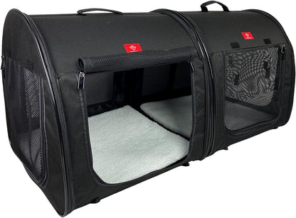 Portable 2-In-1 Double Pet Kennel/Shelter, Fabric, Black 20"X20"X39" - Car Seat-Belt Fixture Included