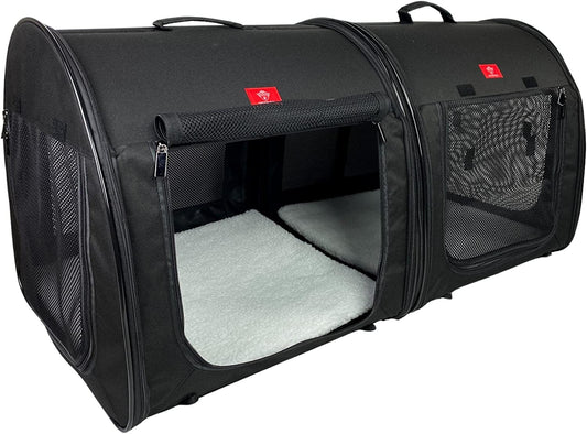 Portable 2-In-1 Double Pet Kennel/Shelter, Fabric, Black 20"X20"X39" - Car Seat-Belt Fixture Included