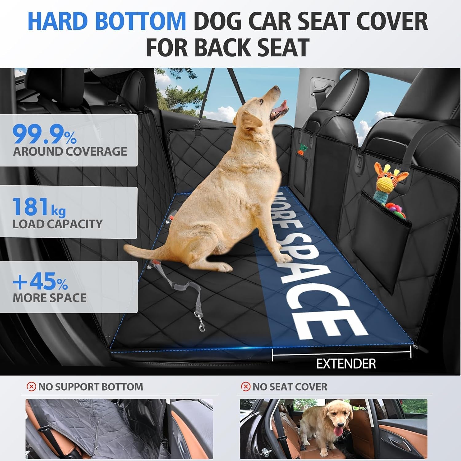 Back Seat Extender for Dogs-Large Space, Dog Car Seat Cover Hard Bottom Holds 400Lbs, Sturdy Backseat Extender for Dogs, Waterproof Dog Hammock for Car Dog Car Bed for Car, SUV, Truck